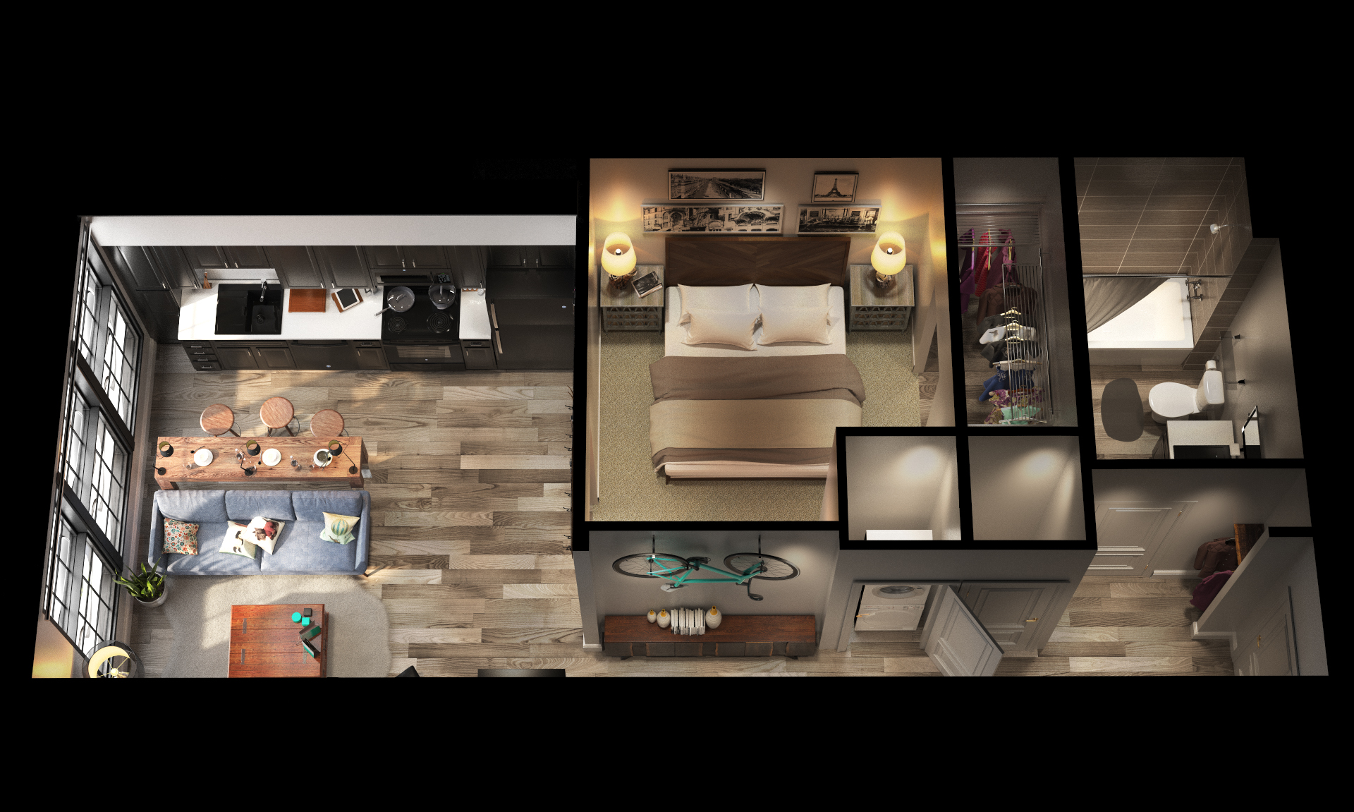 Floor plan for 1 bed, 1 bath, 606 sqft